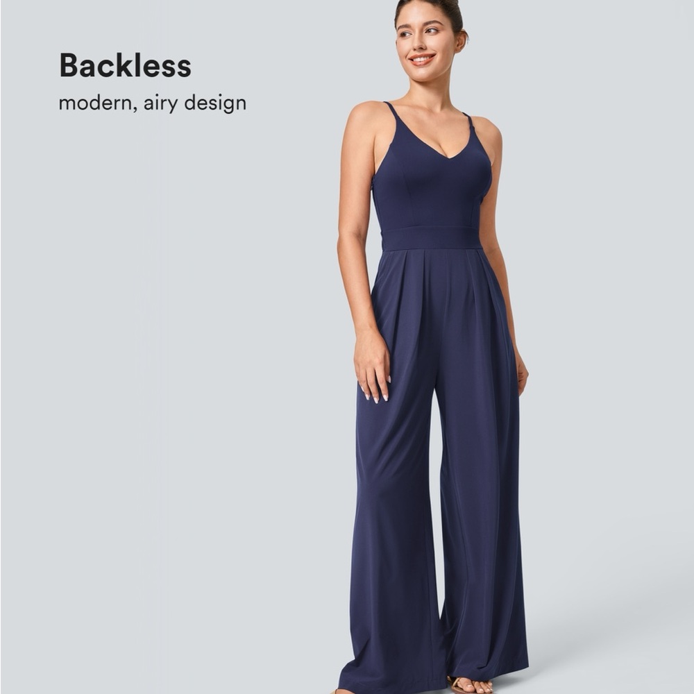 Backless Side Invisible Zipper Pocket Wide Leg Quick Dry Jumpsuit